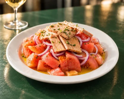 Ensalada de tomate pelado con bonito y cebolla roja